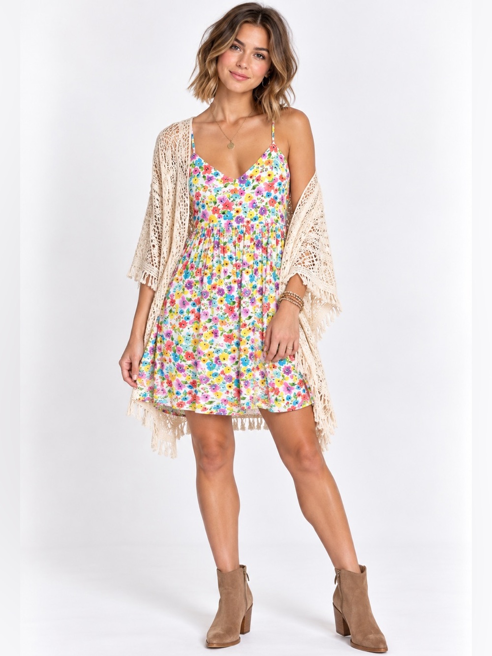 MINKPINK Floral Print Spaghetti Strap Dress in White with Multicolor Flowers